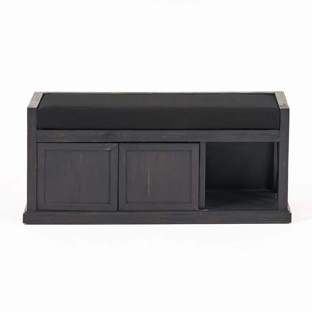 Sandblast Dark Gray Acacia Wood Storage Bench with Black Cushion