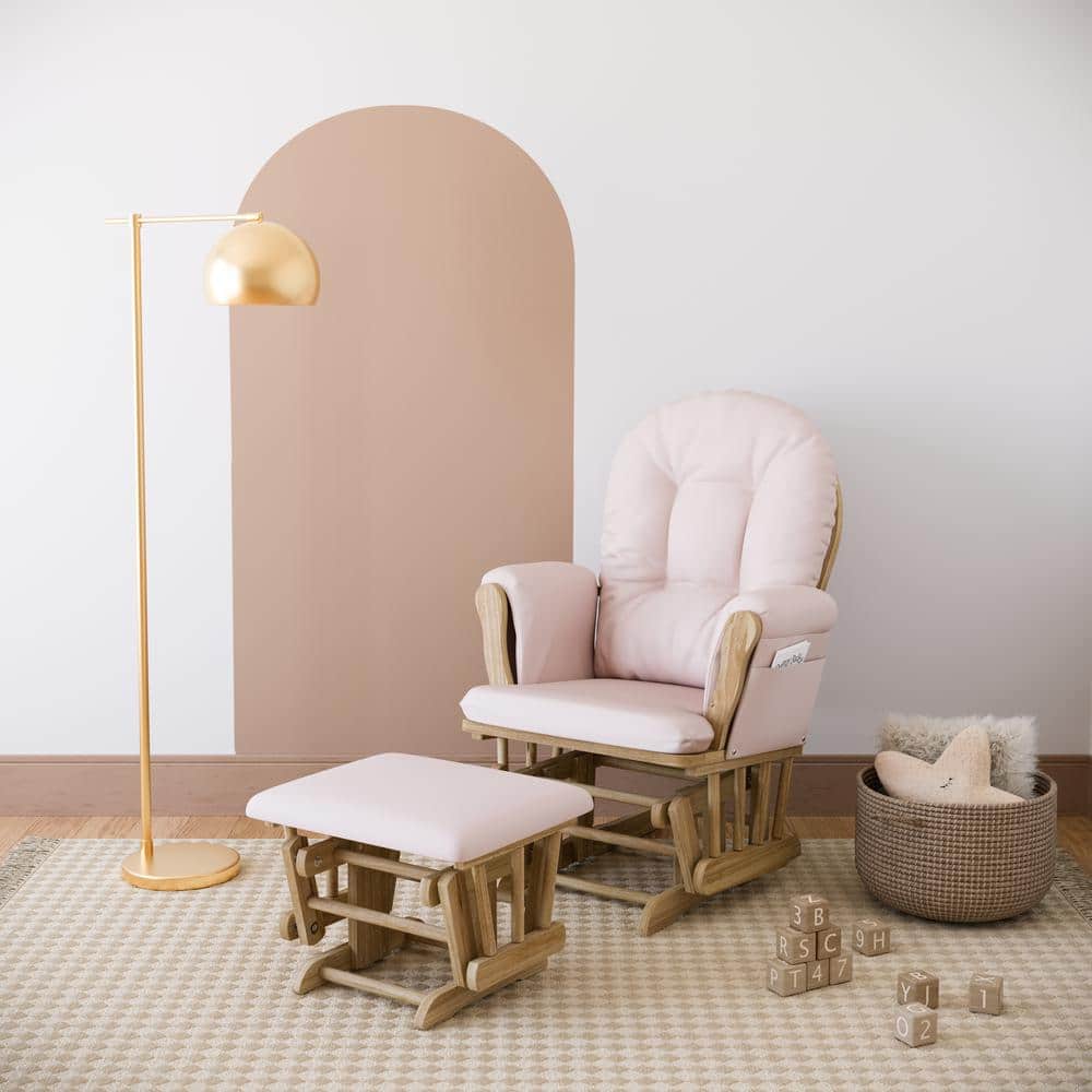 Natural Wood Nursery Glider and Ottoman with Pink Cushions