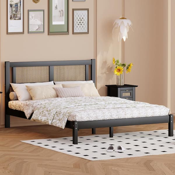Harper & Bright Designs Exquisite Elegance Black Wood Frame Queen Size Platform Bed with Natural Rattan Headboard