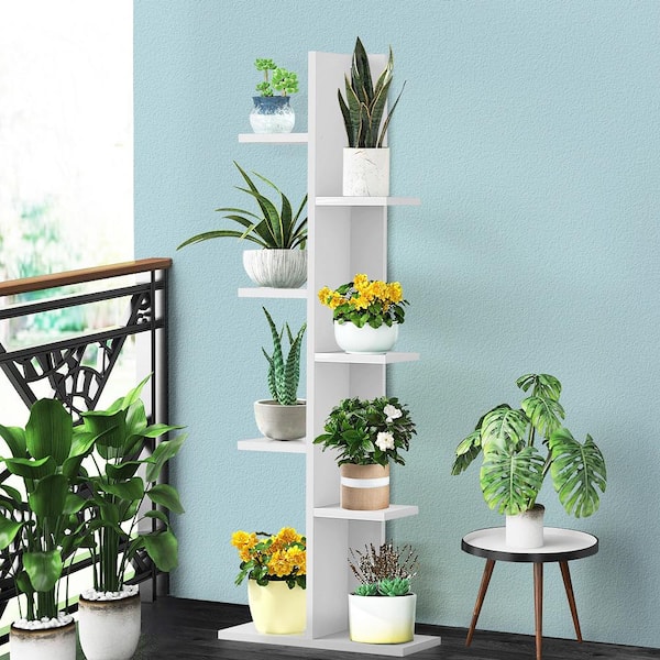White Open Concept Bookcase Plant Display Shelf Rack Storage Holder Wooden