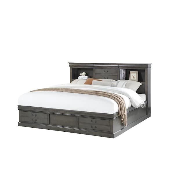 Acme Furniture Louis Philippe III Gray Wood Frame Queen Panel Bed with Bookcase