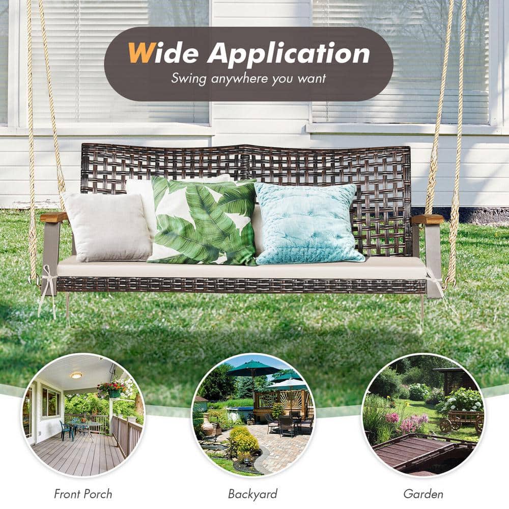 Off-White 2-Person Rattan Patio Swing with Cushion