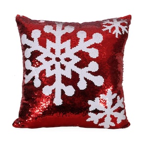Quay Red and White Snowflakes Sequin 18 in. x 18 in. Christmas Throw Pillow