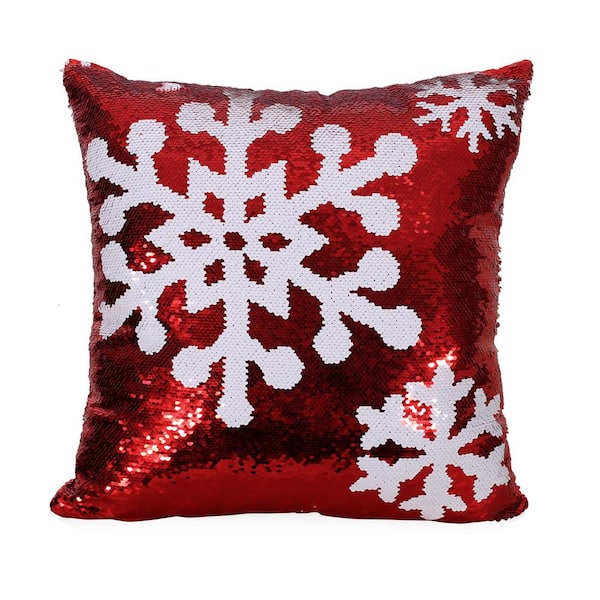 Noble House Quay Red and White Snowflakes Sequin 18 in. x 18 in. Christmas Throw Pillow
