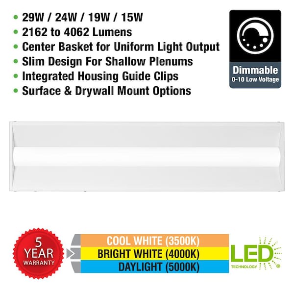 1 ft. x 4 ft. Boost Center Basket Integrated LED Troffer Light 3500K 4000K 5000K 29W / 24W / 19W / 15W Dimmable