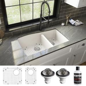 White Quartz Composite 33 in. 60/40 Double Bowl Undermount Kitchen Sink with Bottom Grids and Strainers
