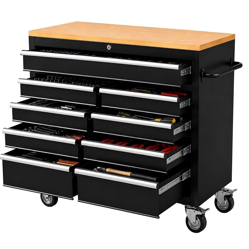 Heavy Duty 42.1 in. W x 18.1 in. D 9-Drawer Black Steel Rolling Tool Cabinet