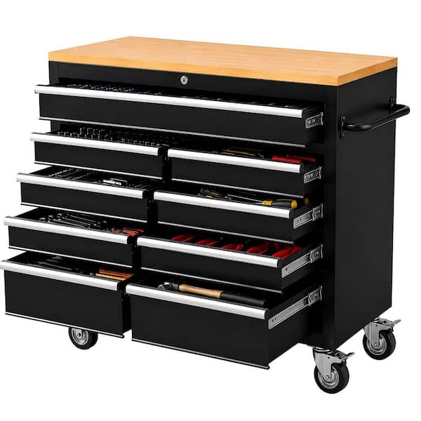 Heavy Duty 42.1 in. W x 18.1 in. D 9-Drawer Black Steel Rolling Tool Cabinet