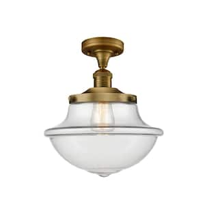 Franklin Restoration Small Oxford 11.75 in. 1-Light Brushed Brass Semi-Flush Mount with Clear Glass Shade