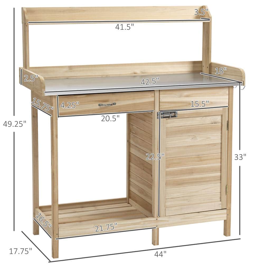 Natural Wood Potting Bench with Steel Tabletop and Storage Cabinet