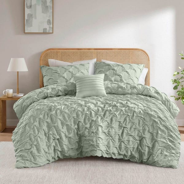 Bailey 4-Piece Green Polyester Full/Queen Diamond Pucker Woven Comforter Set
