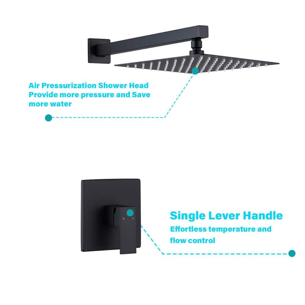 Large Matte Black Stainless Steel Square Wall Mounted Shower System