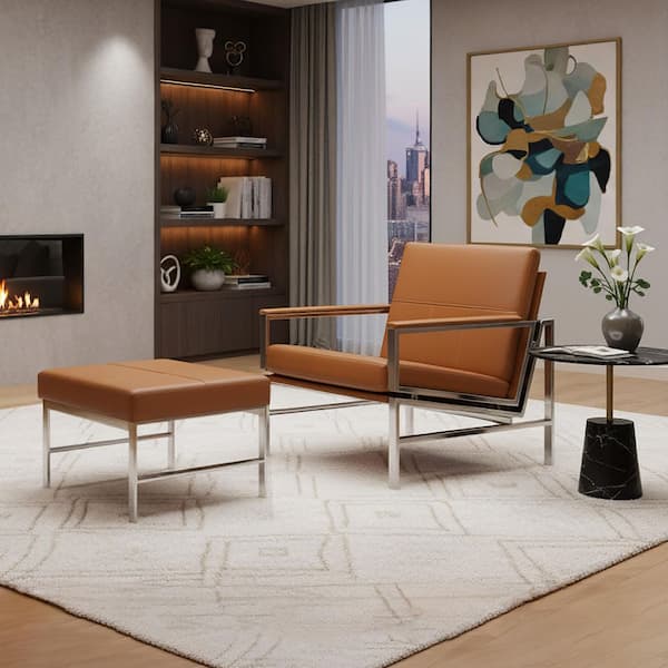 Atlas Signature Caramel/Chrome Genuine Leather Accent Arm Chair and Ottoman Set with Metal Frame