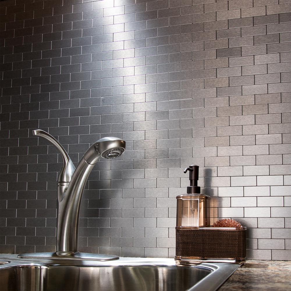 Stainless Steel Peel and Stick Subway Backsplash Tiles