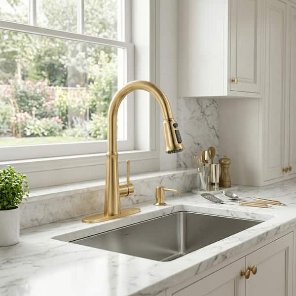 Gold 15.4 in. H Single Handle Pull Down Sprayer Kitchen Faucet with 360° Spout Swivel and 3-Spray Mode