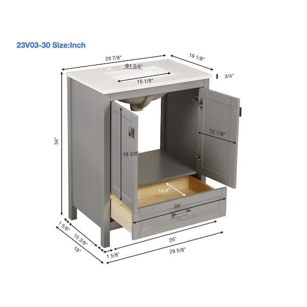 Solid Wood 30 in. W Single Sink Freestanding Gray Bath Vanity Cabinet with White Engineered Marble Top Assembled