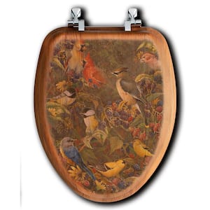 Berry Bush Songbirds Elongated Closed Front Wood Toilet Seat in Oak Brown