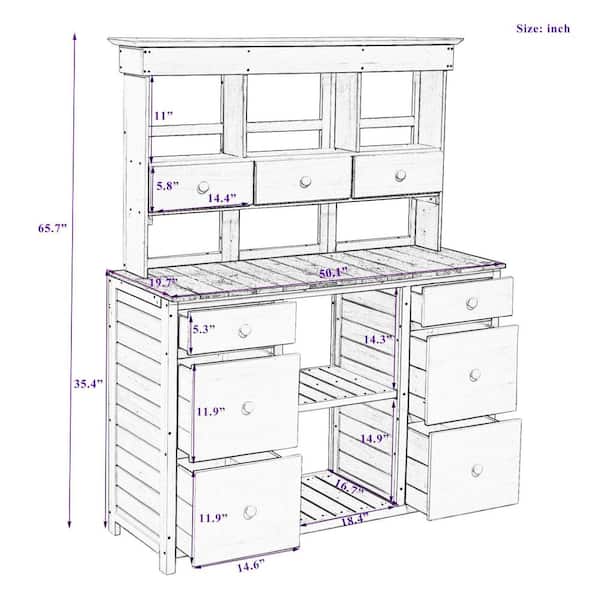 Unbranded - White and Gray Fir Wood Potting Bench Table with Multiple Drawers and Shelves for Storage