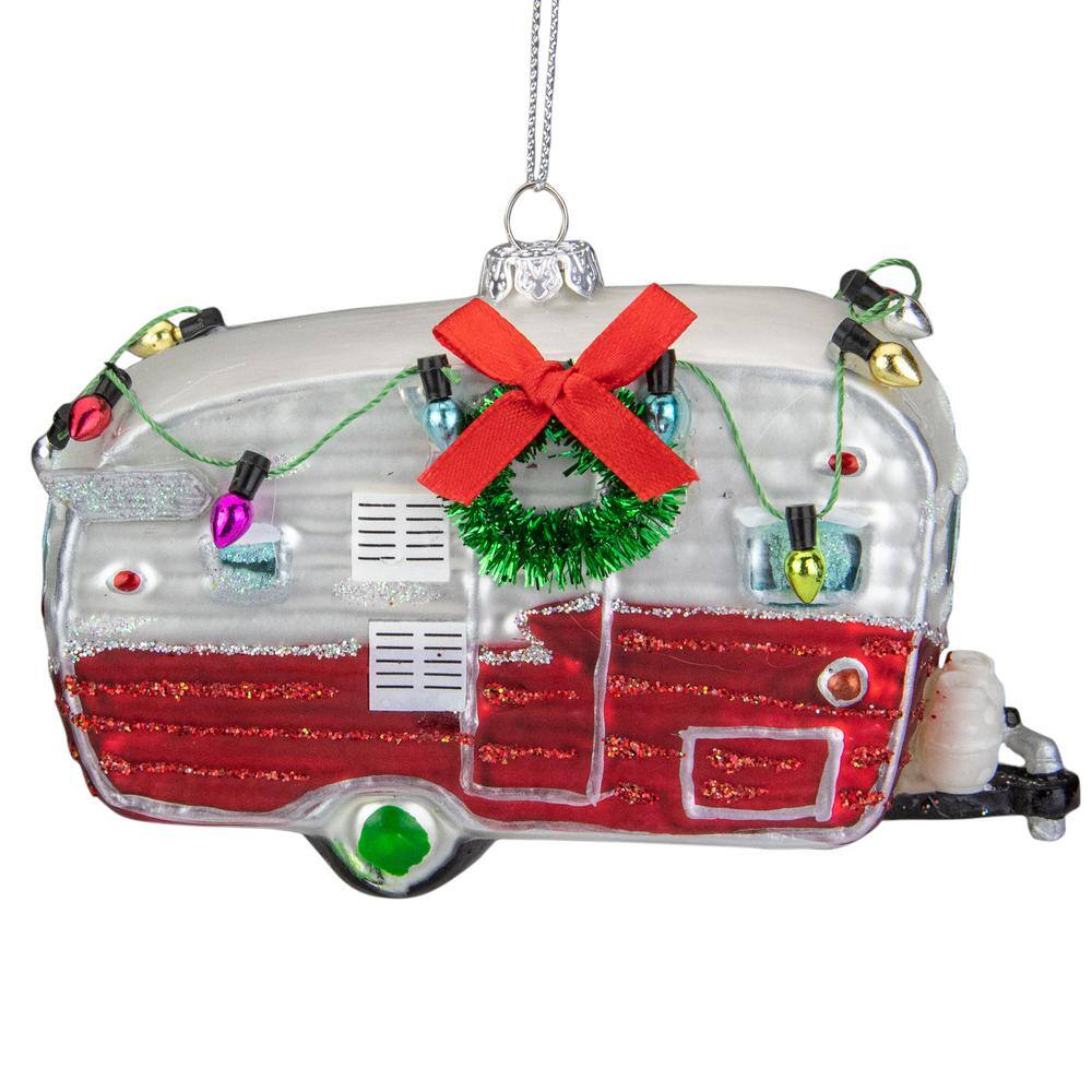 RV Red Happy Camper Trailer Glass Christmas Tree Ornament Holiday Wreath R 