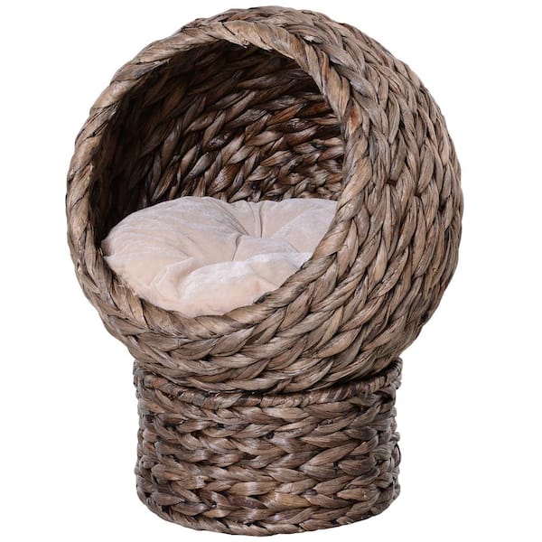 maocao hoom 23.5" Handwoven Elevated Cat Bed with Soft Cushion and Cat Egg Chair Shape, Cat Basket Bed Kitty House with Stand, Small