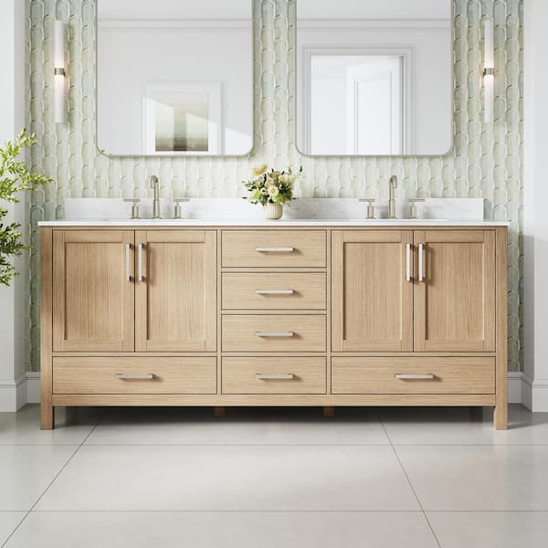 80 in. Freestanding Oak Solid Wood Bath Vanity with Durable Carrara White Cultured Marble Top, Soft-Close, Assembled