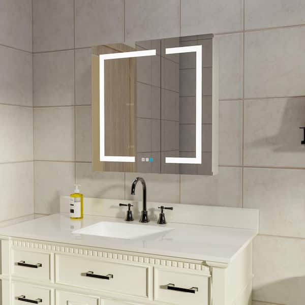 Xzkai 30 in. W x 30 in. H Rectangular Silver Medicine Cabinet with Mirror LED, Anti-Fog, 3000K-6400K, USB Outlet