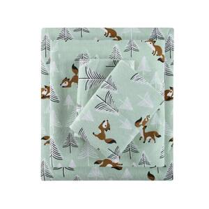 Cozy Soft 4-Piece Seafoam Foxes Cotton Queen Sheet Set