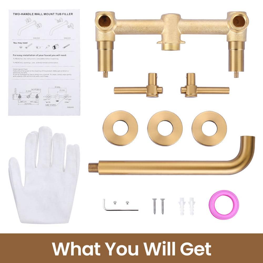 Brushed Gold Wall Mount Tub Filler Faucet with Lever Handles