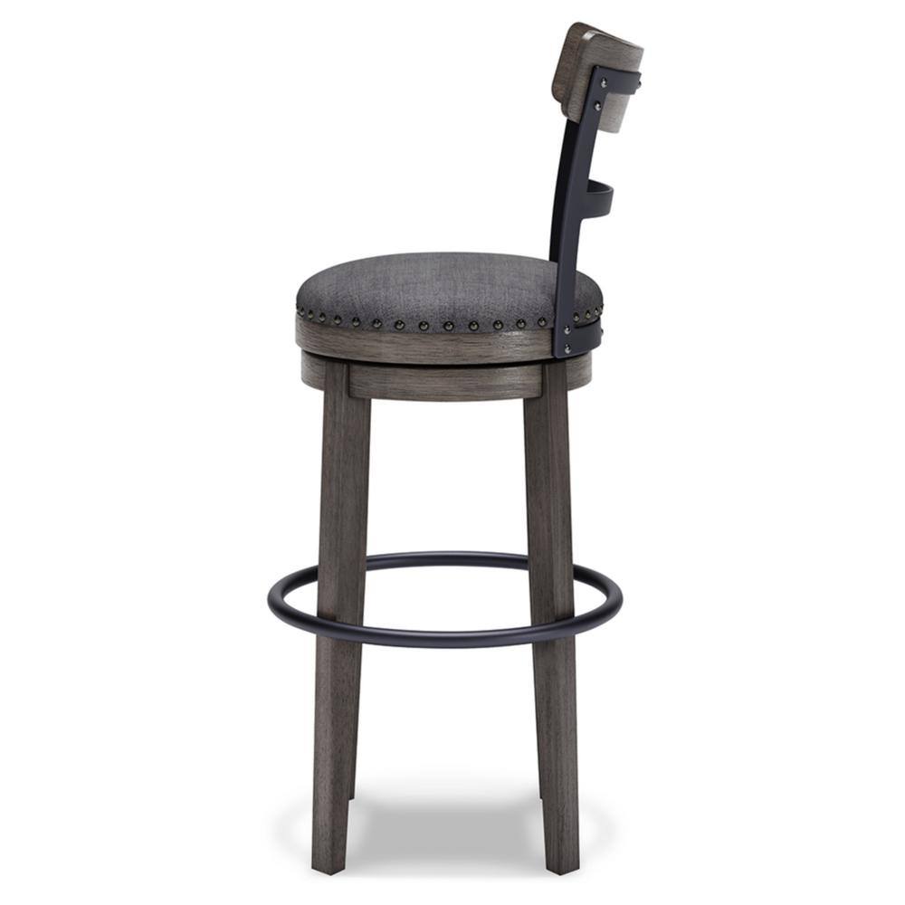 Antiqued Gray Wash Swivel Barstool with Cushioned Seat and Nailhead Trim