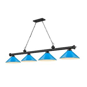 Cordon 4-Light Matte Black Billiard Light with Metal Electric Blue Shade with No Bulbs Included