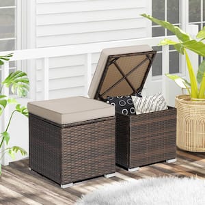 2-Piece Wicker Outdoor Patio Ottomans Hand-Woven PE Wicker Footstools with Removable Beige Cushions
