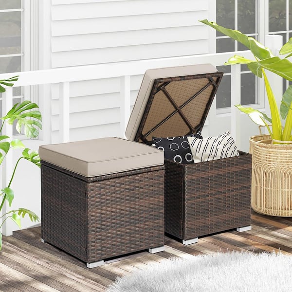2-Piece Wicker Outdoor Patio Ottomans Hand-Woven PE Wicker Footstools with Removable Beige Cushions