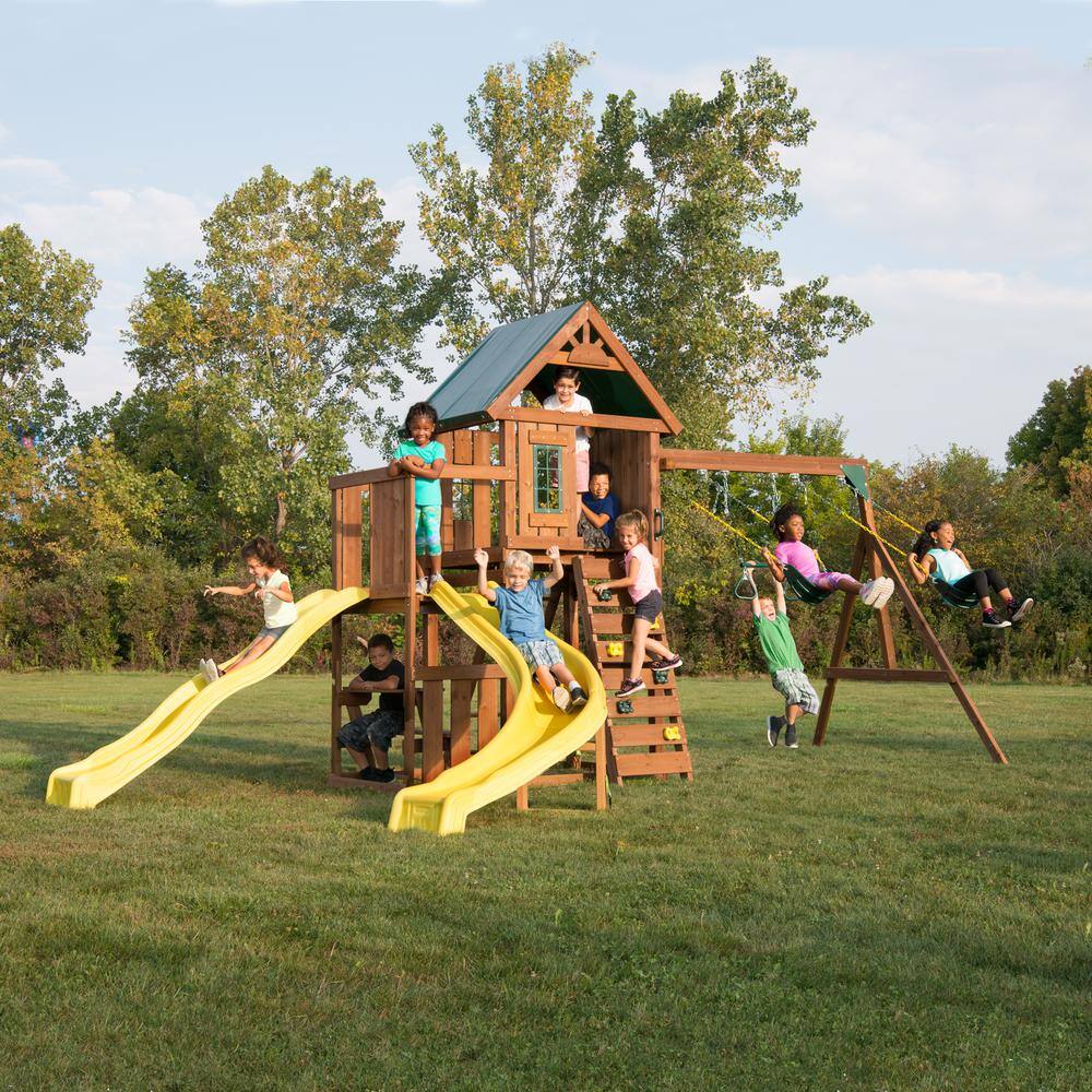 Castlebrook Wooden Swing Set with Yellow Slides and Climbing Wall