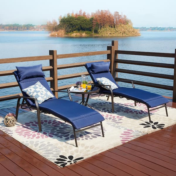 Patio Festival 3-Piece Metal Outdoor Chaise Lounge with Blue Cushions