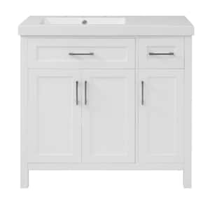 35.83 in. W Single Sink Freestanding Bath Vanity in White with White Solid Surface Top, 2 Drawers, 3 Doors