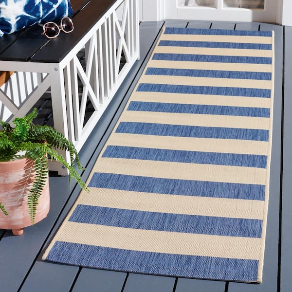 Courtyard Beige/Blue 2 ft. x 8 ft. Awning Stripe Indoor/Outdoor Runner Rug