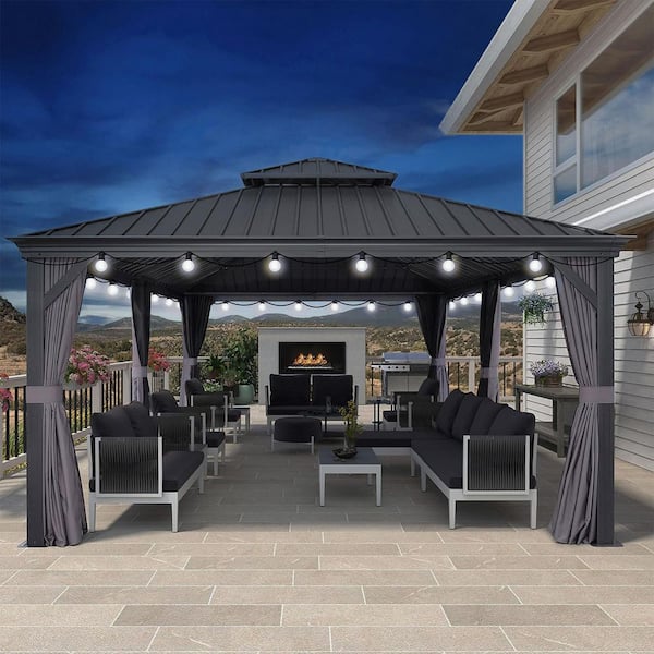 PURPLE LEAF 12 ft.x 24 ft.Gray Patio Outdoor Gazebo for Backyard Hardtop Aluminum Frame with Hooks ,Netting , Curtain 24 Lights