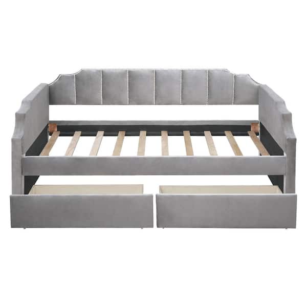 ANBAZAR Gray Twin Size Upholstered Wood Daybed Sofa Bed Frame with 2 Storage Drawers and Wood Support Slats