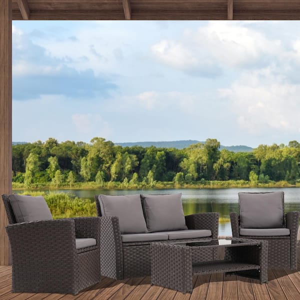 4-Piece Wicker Patio Conversation Set Rattan Seating Set with Loveseat Sofa Chair, Gray Cushion