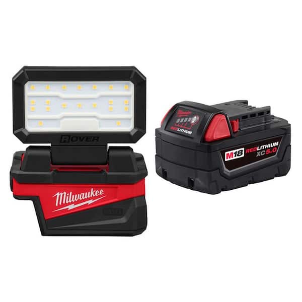 Milwaukee M18 18-Volt Lithium-Ion Cordless 1000 Lumens ROVER Compact Folding Flood Light w/ USB Charging & (1) 5. 0Ah Battery