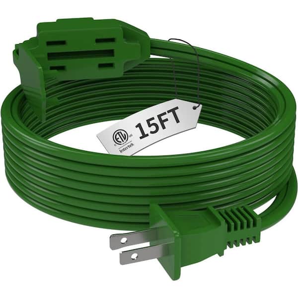 Lukyamzn 15Ft. 16/2 Heavy Duty Indoor Extension Cord with Tri-Tap and Lighted End, 3 Polarized Outlets Safety Cap Protect, Green