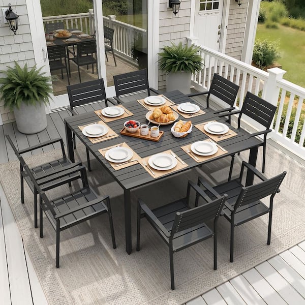 8 seat patio dining set with umbrella PHI VILLA 8-Piece 13ft & Rectangle Table & Padded Swivel Textilene Chairs, Blue / Navy Blue FrameThe robust and weather Umbrella Hole 8-Person Patio Dining