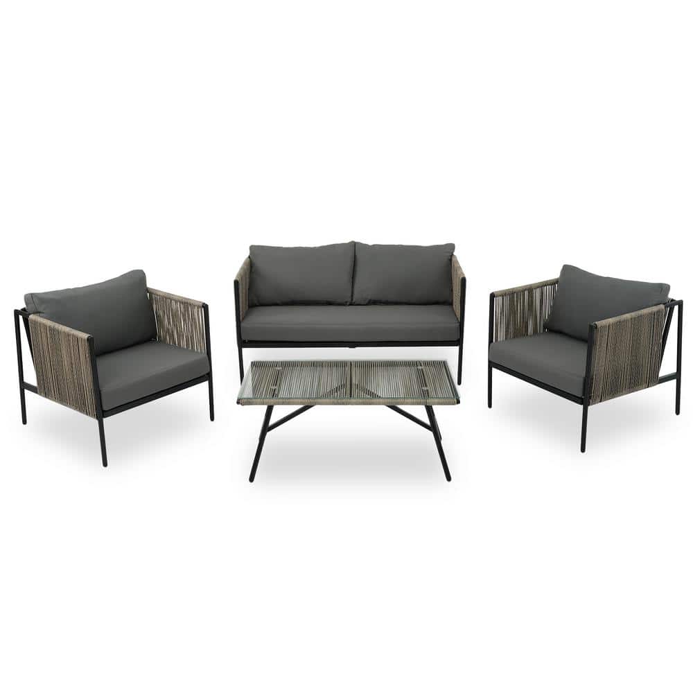 4-Pieces Metal Outdoor Sectional Set with Toughened Glass Table and Gray Th
