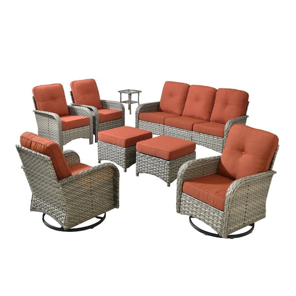 Beverly Gray 8-Piece Wicker Patio Conversation Sofa Swivel Lounge Chairs Set with Ottomans and Orange Red Cushions