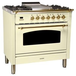 36 in. 3.55 cu. ft. Single Oven Dual Fuel Italian Range True Convection, 5 Burners, Griddle, Brass Trim in Antique White
