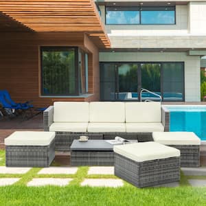 All-Weather 5-Piece Wicker Patio Conversation Set with Beige Cushions and Lift Top Coffee Table Outdoor Sectional Sofa