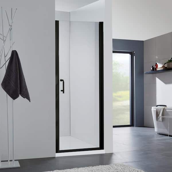 34 in. W x 72 in. H Pivot Frameless Shower Door in Matte Black with Handle and Clear Glass