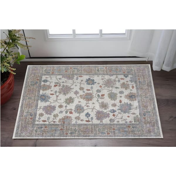 2 ft. x 3 ft. Ivory Brown And Blue Floral Distressed Area Rug
