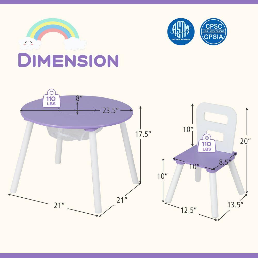 Purple Wooden Kids Table and Chair Set with Storage