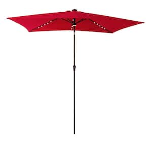 6-1/2 in. x 10 ft. Rectangle Aluminum Market Solar LED Lighted Tilt Patio Umbrella in Red Solution Dyed Polyester